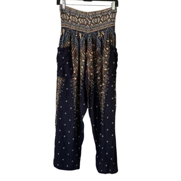 2 x $12 Happy Trunks Peacock Print Harem Boho Pants Navy Orange Size L - Picture 13 of 15